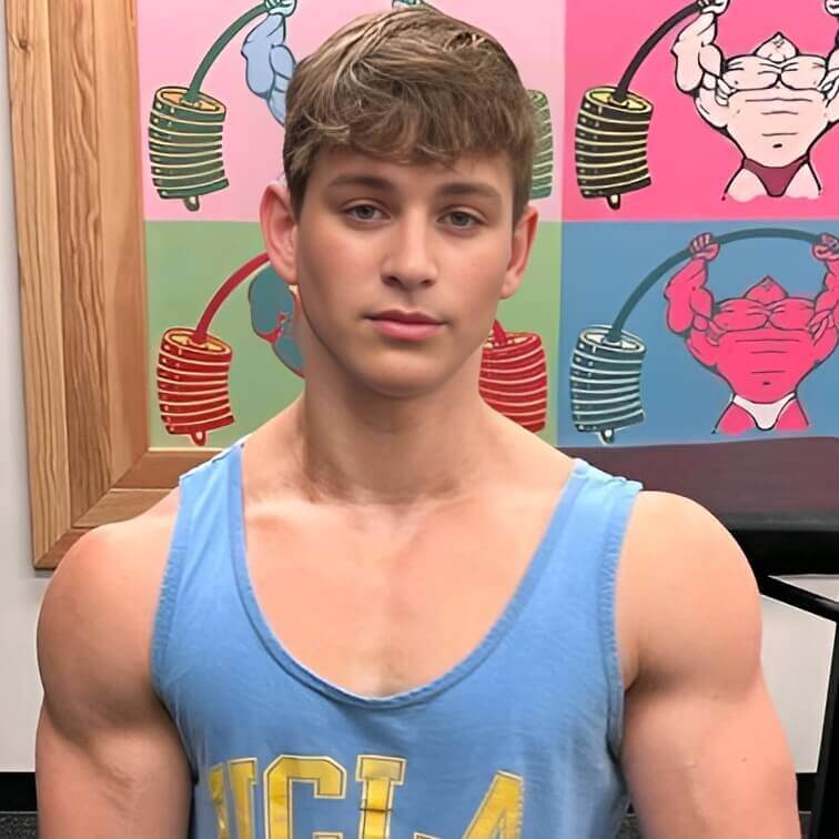 Reno Gold, muscular gay performer with broad shoulders and classic athletic style